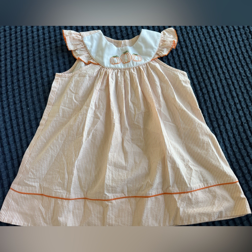 Stellybelly smocked embroidered pumpkin fall orange white strip dress, size 4